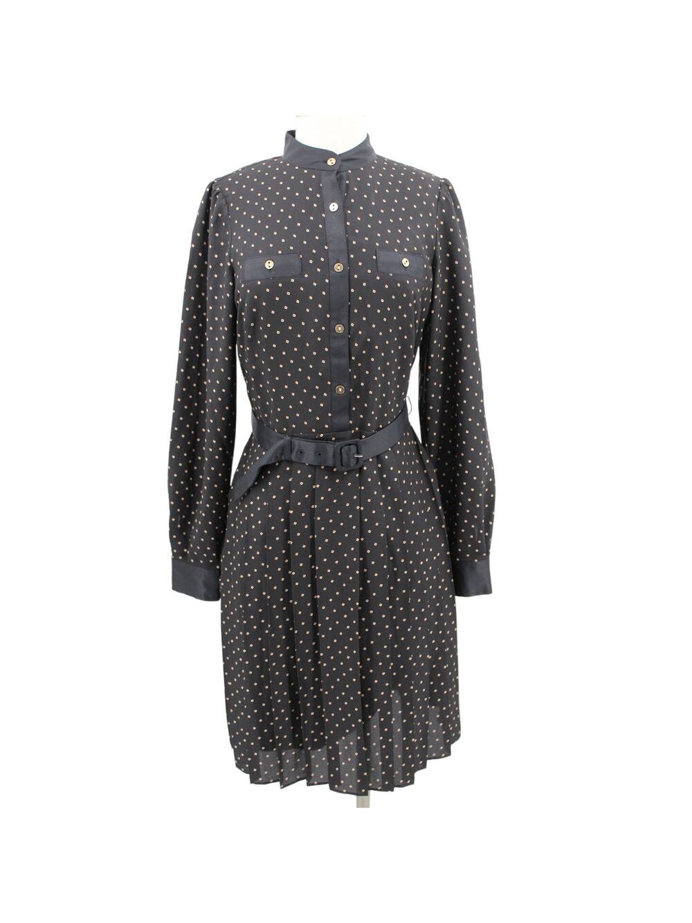 Ann Taylor Belted Dress Size 4 Tall Black Gold Print Long Sleeves